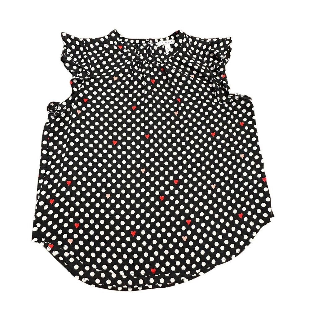 Popsugar Shirt Women L Black White Polka Dot Pink Red Hearts Ruffle Sleeve